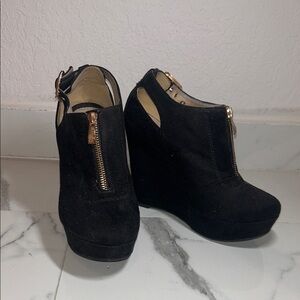 Women's Black Suede Wedge Booties with Gold Zipper